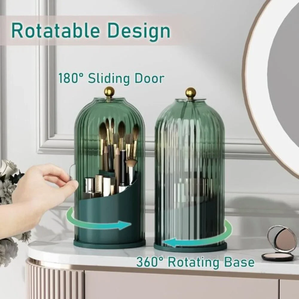360° Rotating Makeup Brush Holder with Lid, Dustproof Vanity Organizer - Green